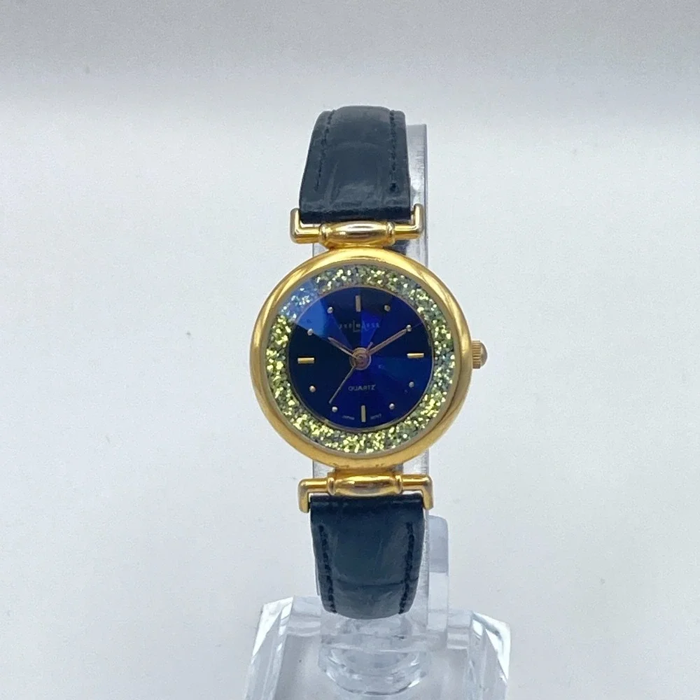 Vtg LA Express Womens Watch Gold Tone Blue Dial Faceted Glitter New Battery 7.75